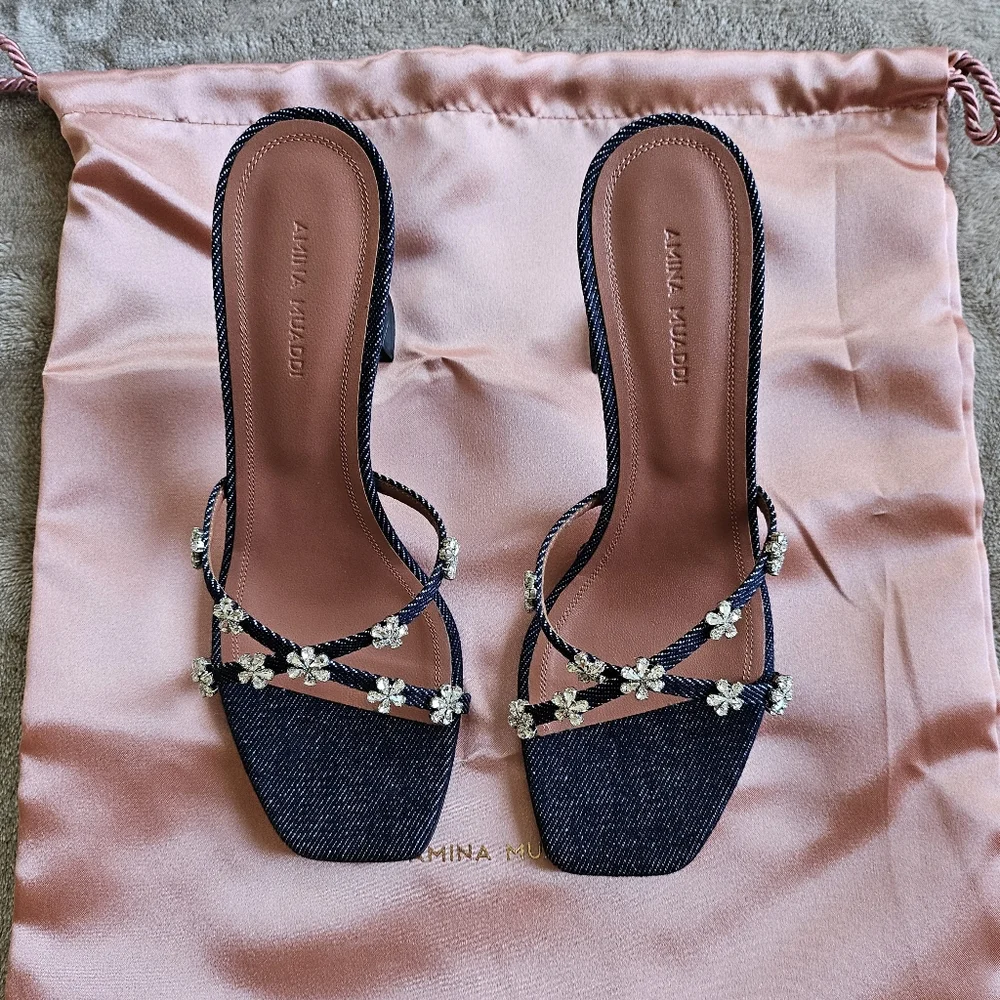 Amina Muaddi Lily Denim Slipper/Heel 70 mm, Flower crystals, Size 37.5